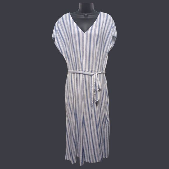 Croft & Barrow Fit & Flare Maxi Dress V-neck Pockets Belted Blue White Striped L - Picture 1 of 8